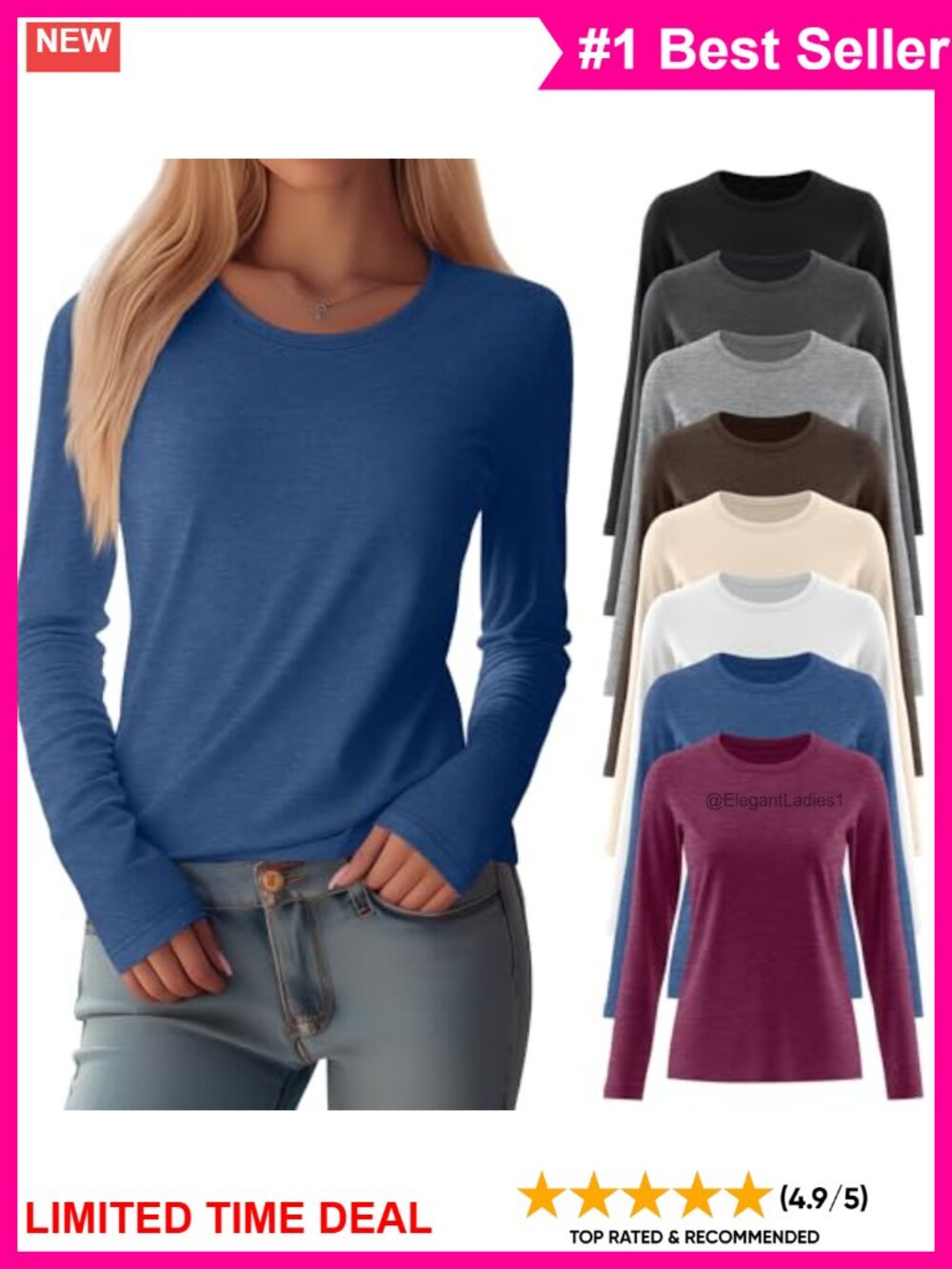 8 Pack Women Long Sleeve Crew Neck T-Shirts Loose Fit Cotton Blend